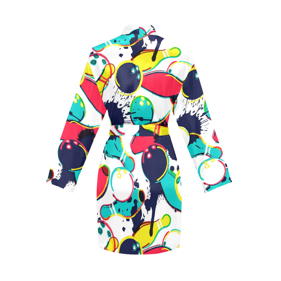 watercolor bowling ball pins Women's Long Sleeve Belted Night Robe