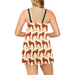 Greyhound Pattern Print Design 04 Chest Sexy Pleated Two Piece Swim Dress