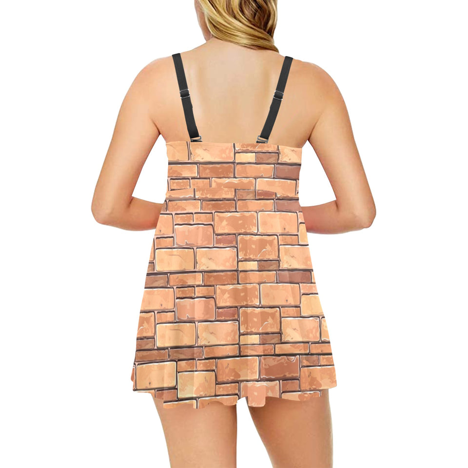 Brick Printed Pattern Print Design 04 Chest Sexy Pleated Two Piece Swim Dress