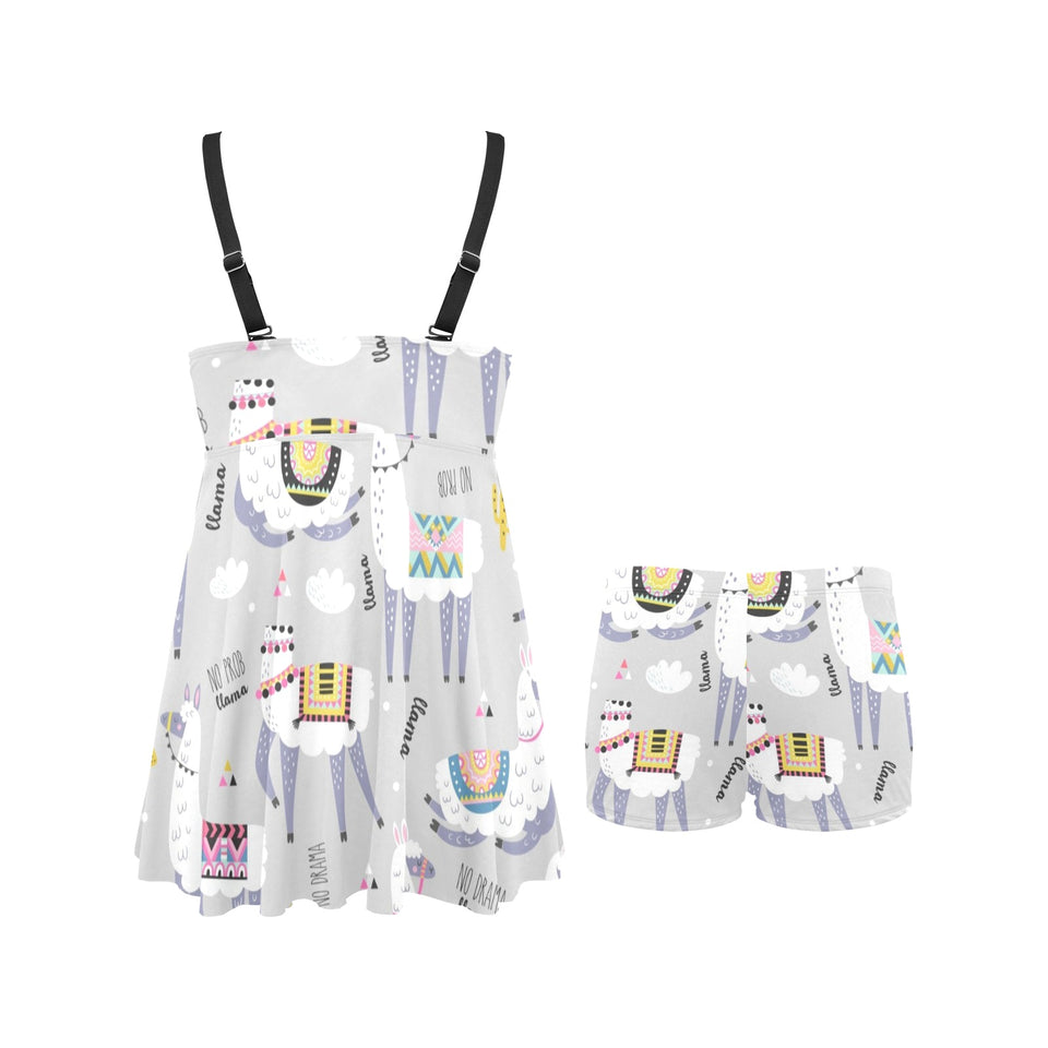 Cute Llama Alpaca pattern Chest Sexy Pleated Two Piece Swim Dress