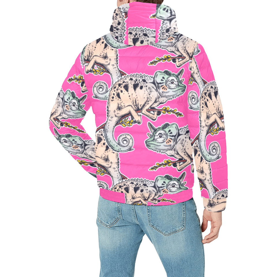 Chameleon lizard pattern pink background Men's Padded Hooded Jacket