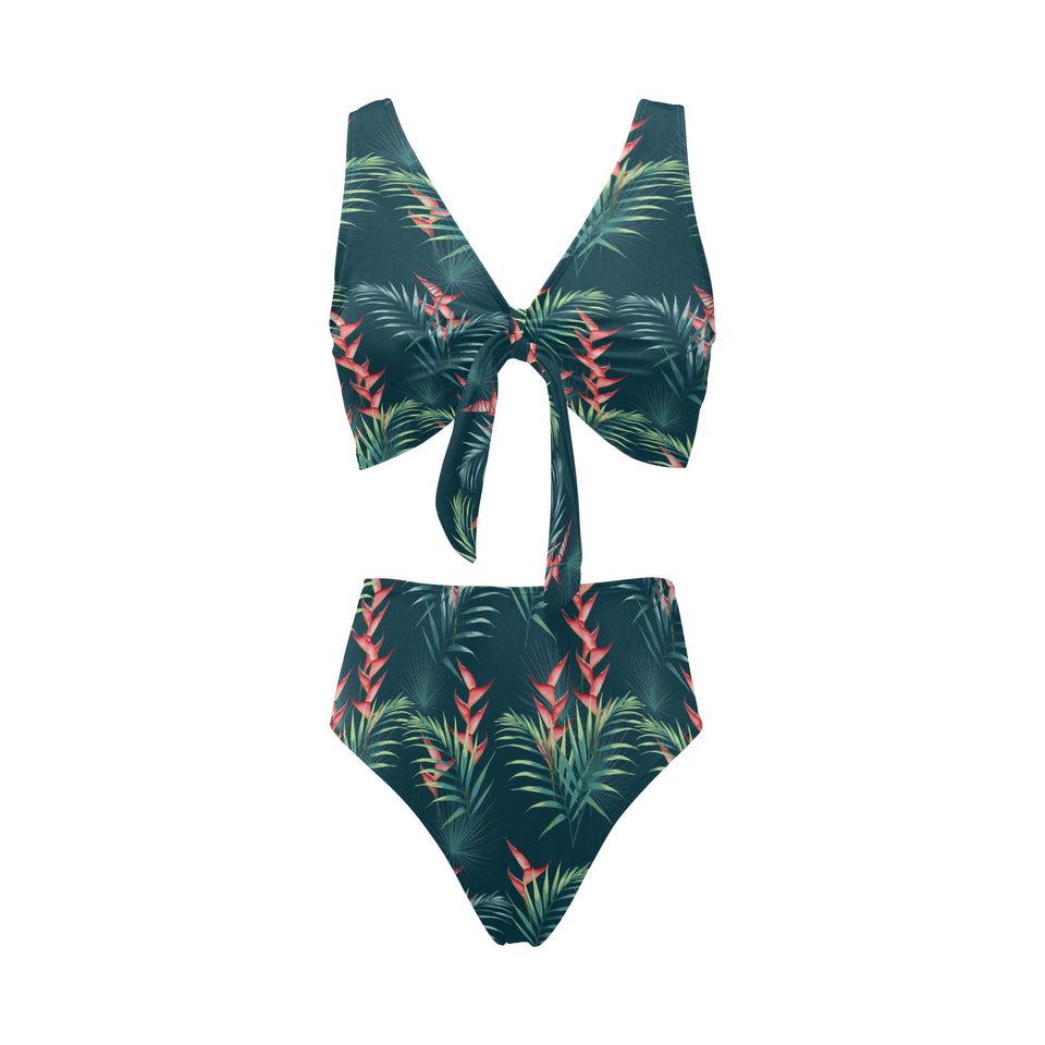 heliconia flowers, palm and monstera leaves on bla Chest Bowknot High Waisted Bikini Swimsuit