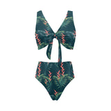 heliconia flowers, palm and monstera leaves on bla Chest Bowknot High Waisted Bikini Swimsuit