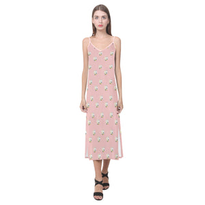 Cute hamster cheese pattern pink background V-Neck Open Fork Long Dress
