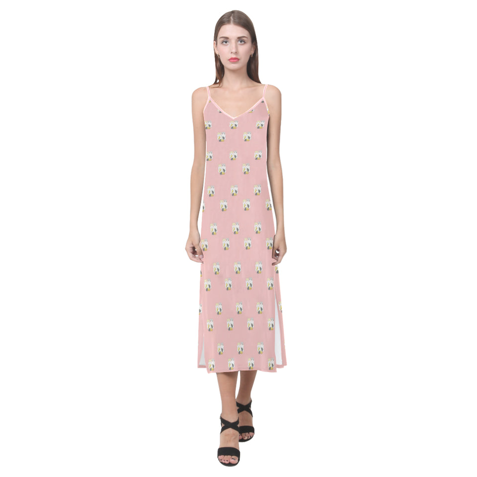 Cute hamster cheese pattern pink background V-Neck Open Fork Long Dress