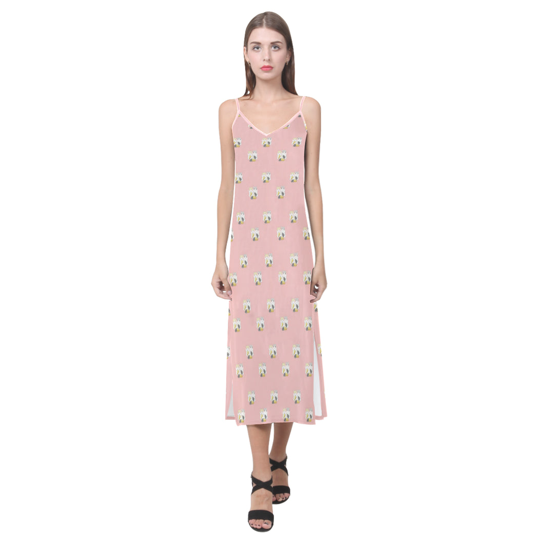 Cute hamster cheese pattern pink background V-Neck Open Fork Long Dress