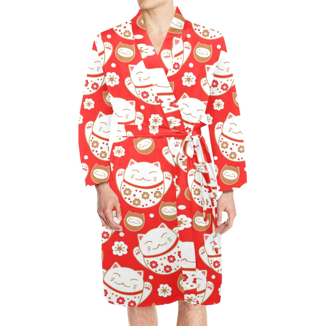 Cute Maneki neko cat red background Men's Long Sleeve Belted Night Robe