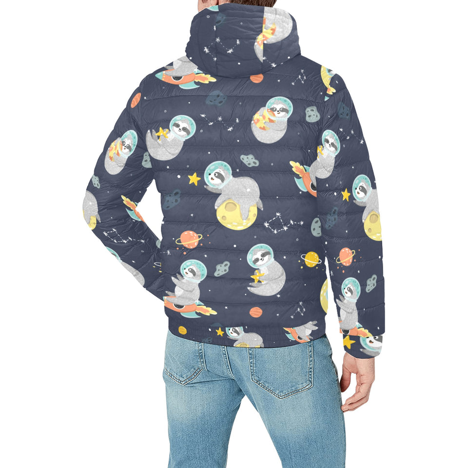 Cute sloth astronaut star planet rocket pattern Men's Padded Hooded Jacket