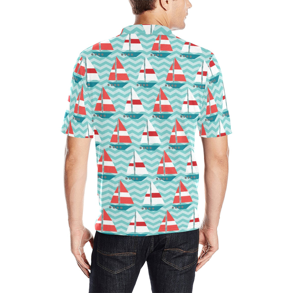 Red White sailboat wave background Men's All Over Print Polo Shirt