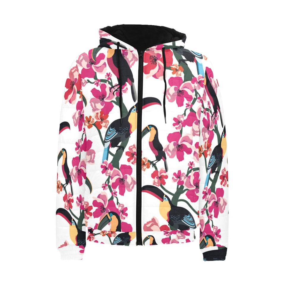 Toucan flower design pattern Men's Padded Hooded Jacket