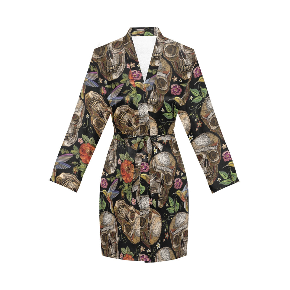 Skull rose humming bird flower pattern Women's Long Sleeve Belted Night Robe