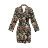 Skull rose humming bird flower pattern Women's Long Sleeve Belted Night Robe