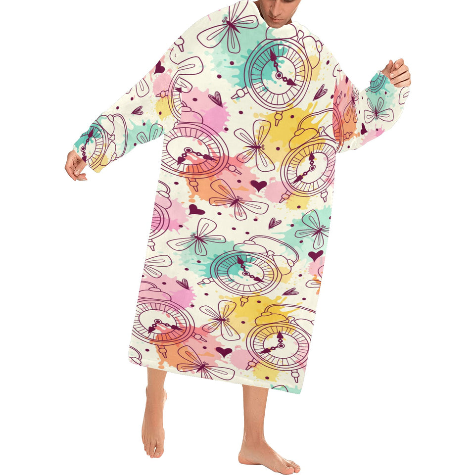 Clock butterfly pattern Blanket Robe with Sleeves