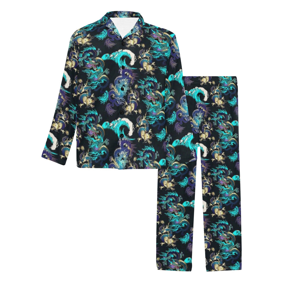 Dragon sea wave pattern Men's Long Pajama Set