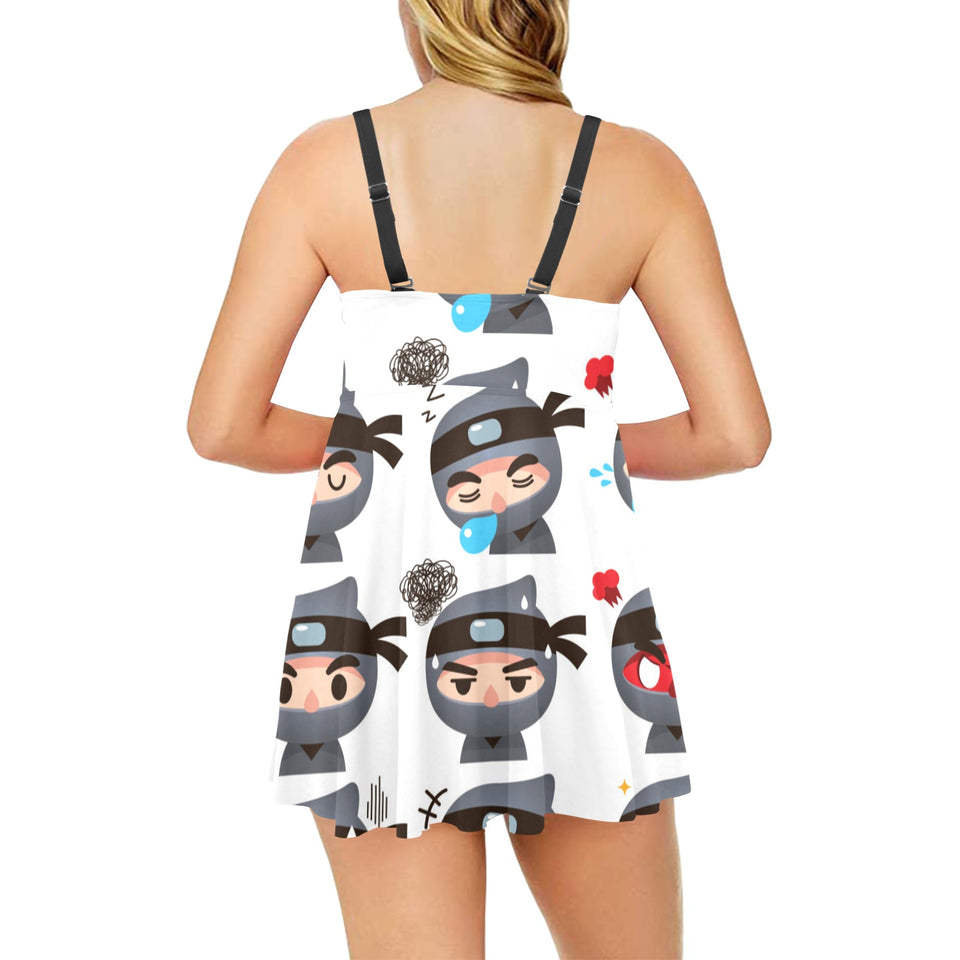 Cute ninja design pattern Chest Sexy Pleated Two Piece Swim Dress