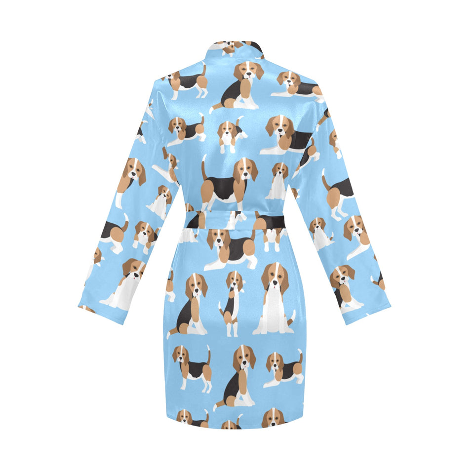 Beagle dog blue background pattern Women's Long Sleeve Belted Night Robe