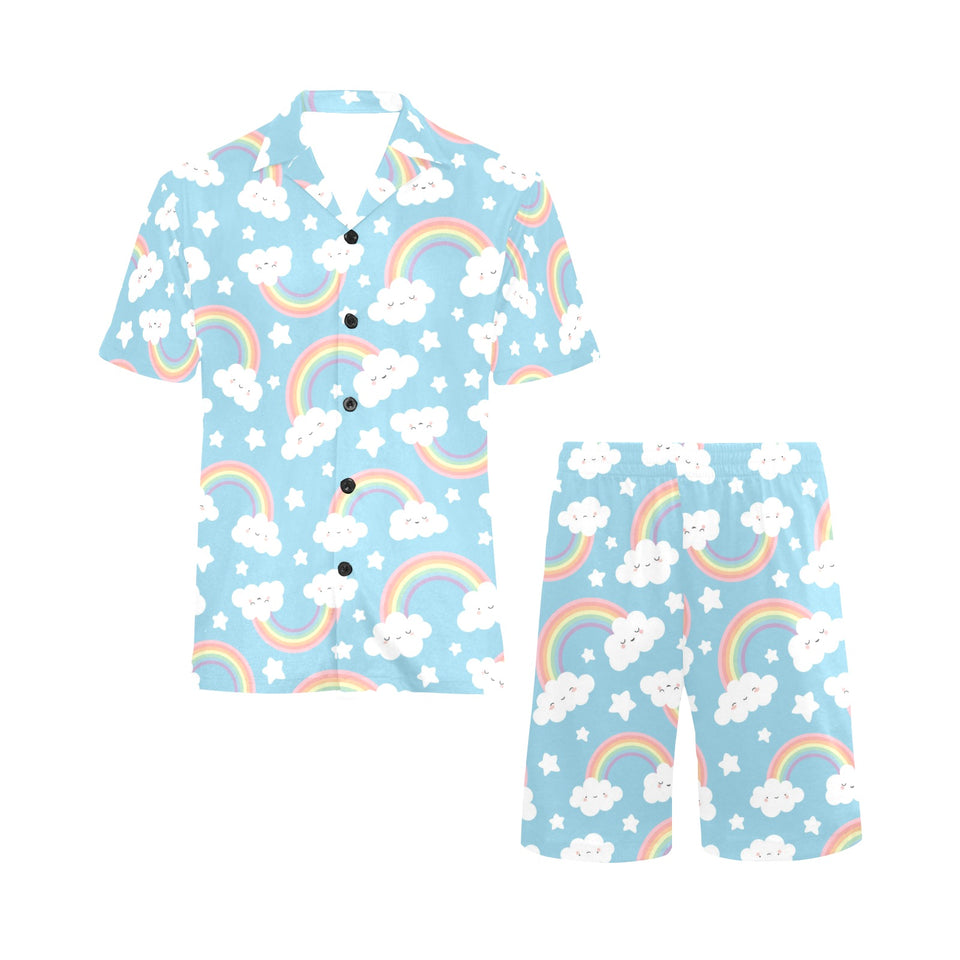 Cute rainbow clound star pattern blue background Men's V-Neck Short Pajama Set