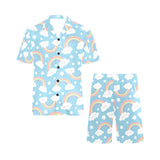 Cute rainbow clound star pattern blue background Men's V-Neck Short Pajama Set