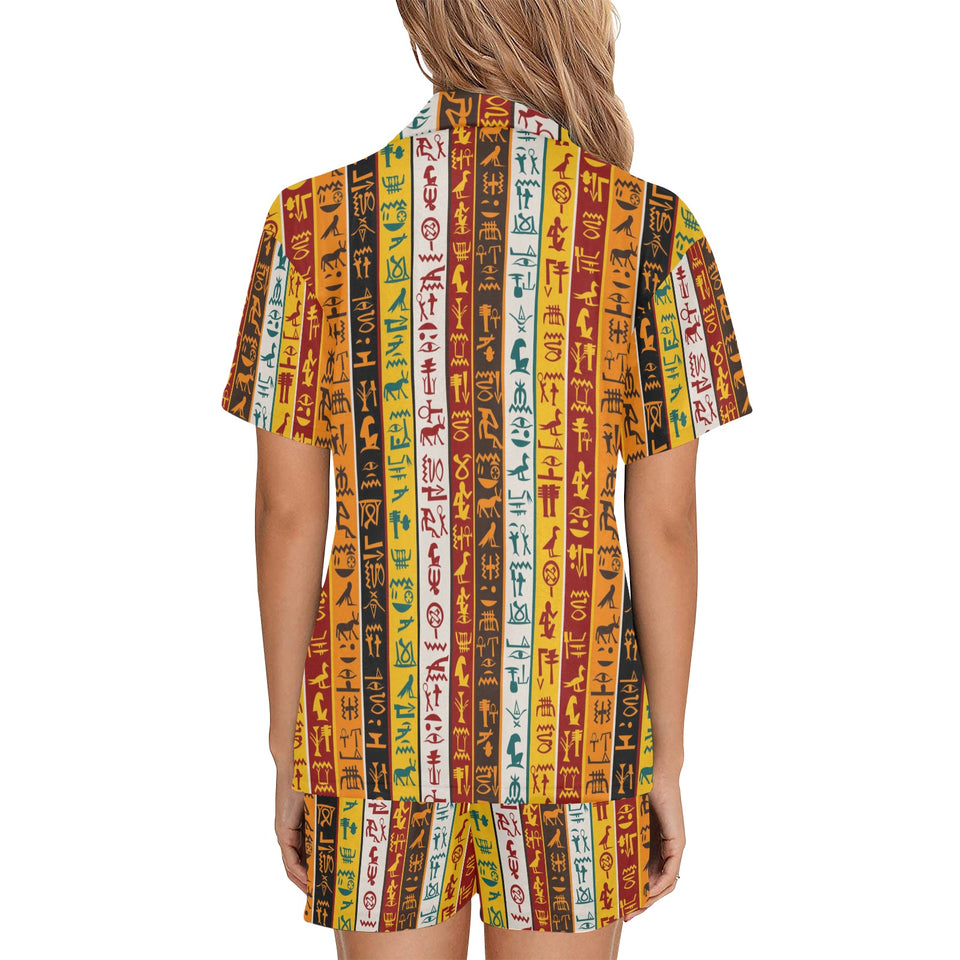 Egypt Hieroglyphics Pattern Print Design 01 Women's V-Neck Short Pajama Set