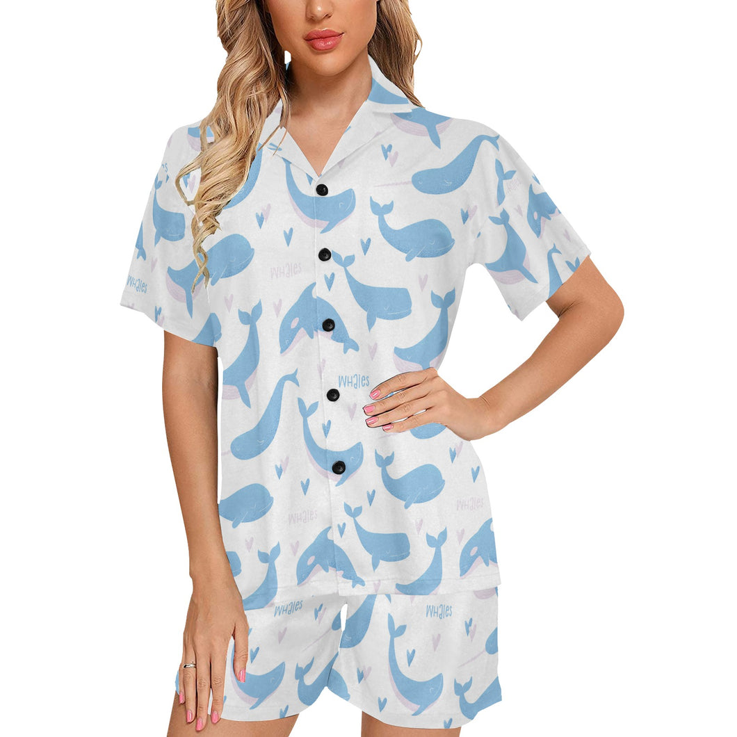 Blue whale pattern Women's V-Neck Short Pajama Set