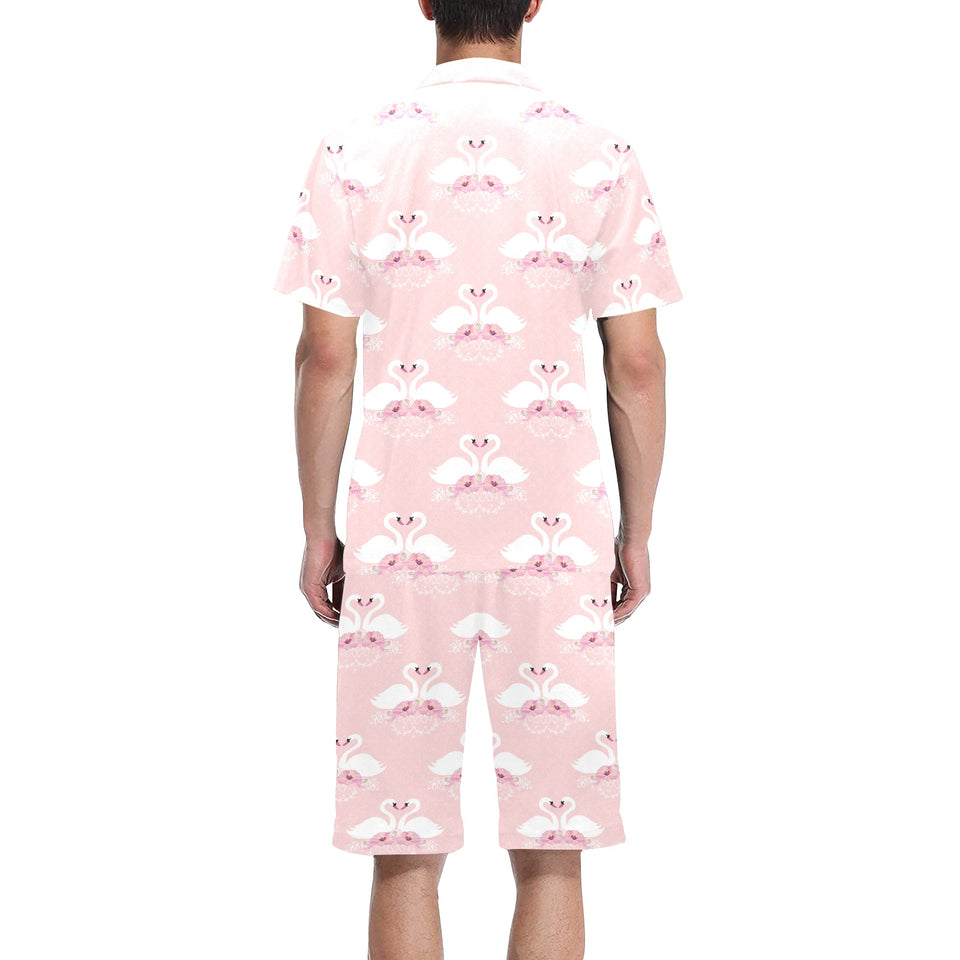 White swan and flower love pattern Men's V-Neck Short Pajama Set
