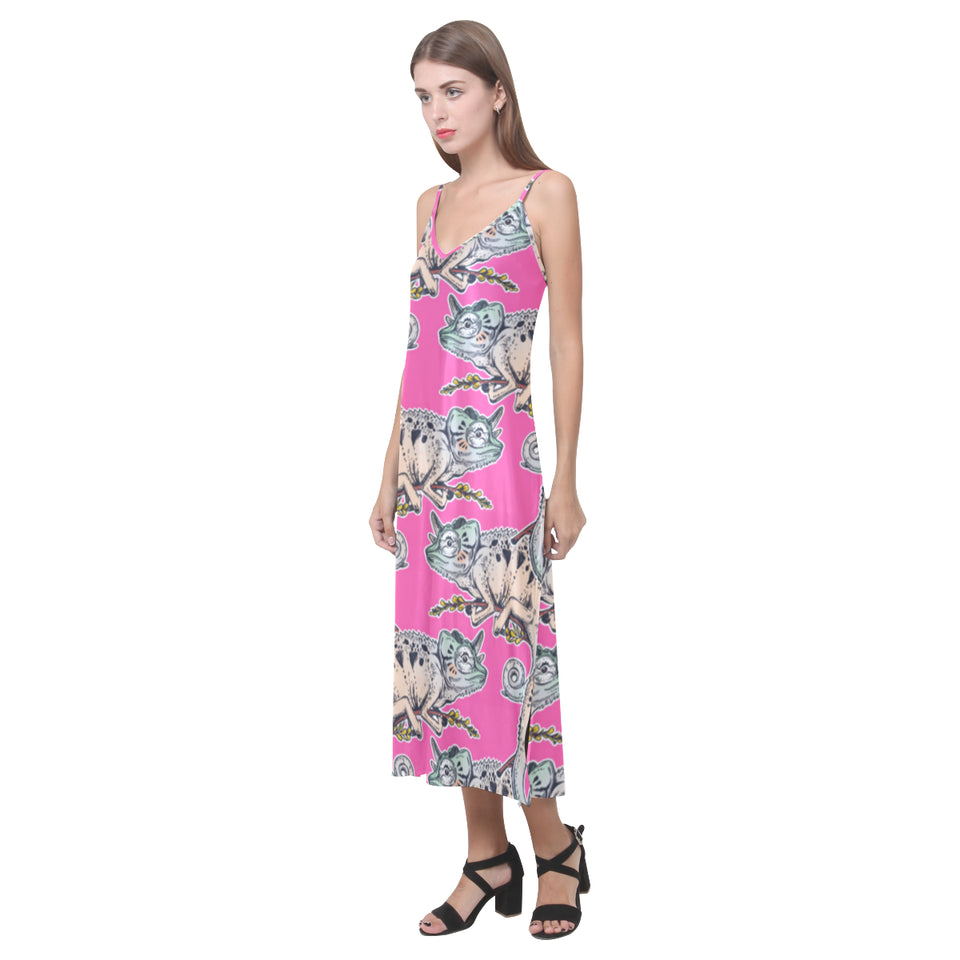 Chameleon lizard pattern pink background V-Neck Open Fork Long Dress