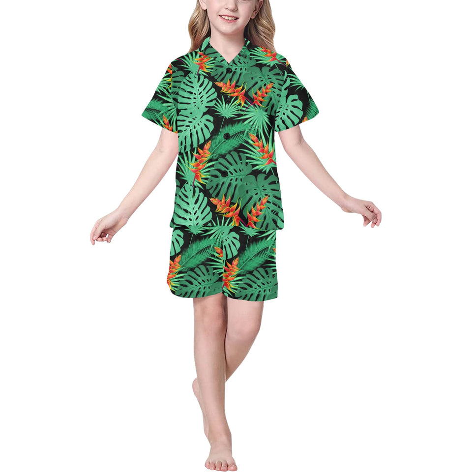 heliconia flower palm monstera leaves black backgr Kids' Boys' Girls' V-Neck Short Pajama Set