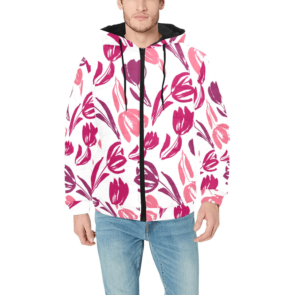 pink sketch tulip pattern Men's Padded Hooded Jacket