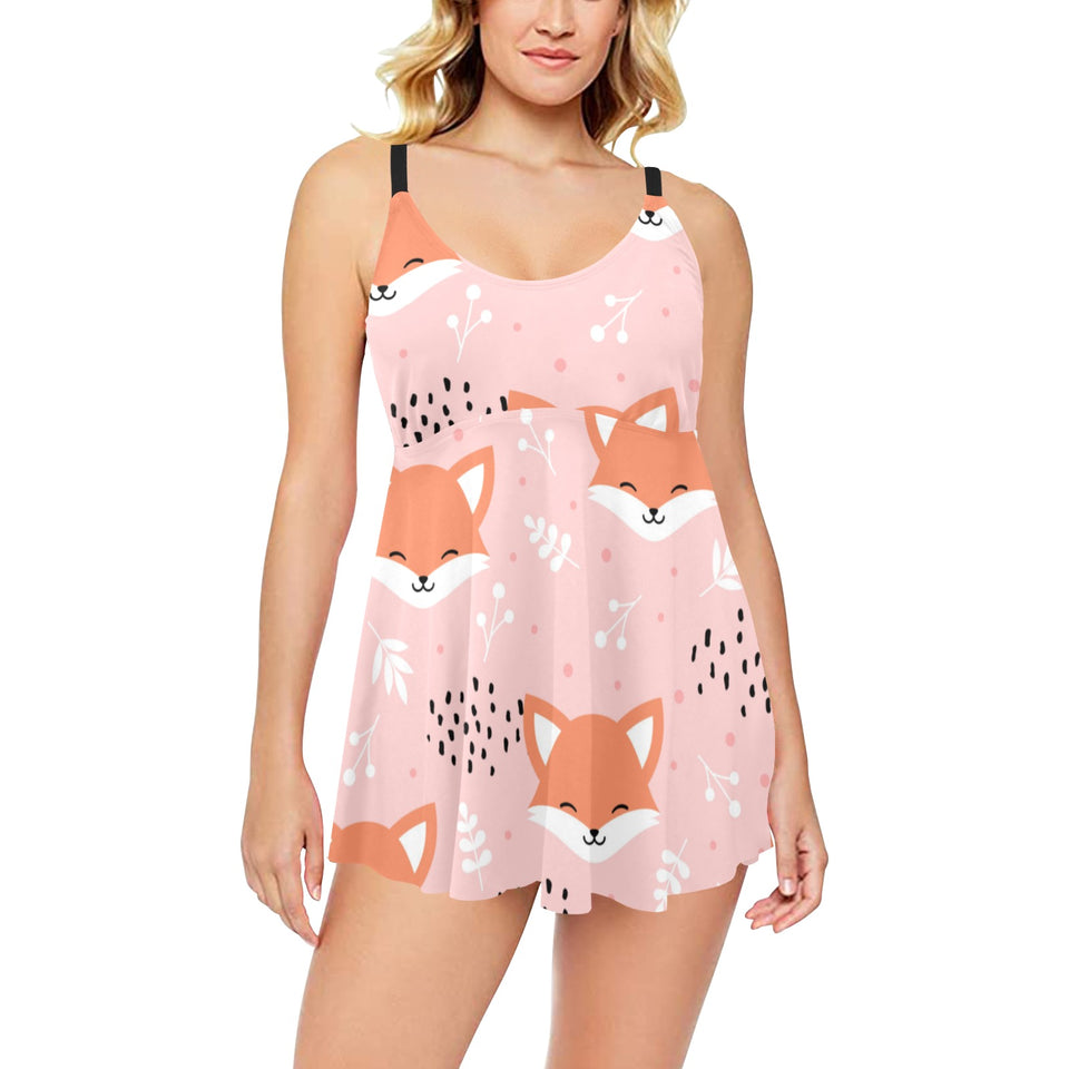 Cute fox pattern pink background Chest Sexy Pleated Two Piece Swim Dress