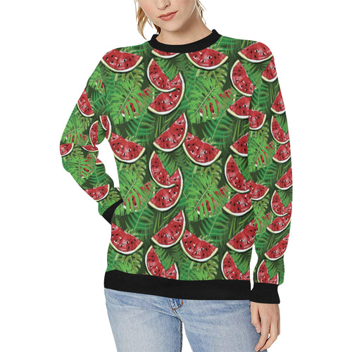 Watermelons tropical palm leaves pattern backgroun Women's Crew Neck Sweatshirt