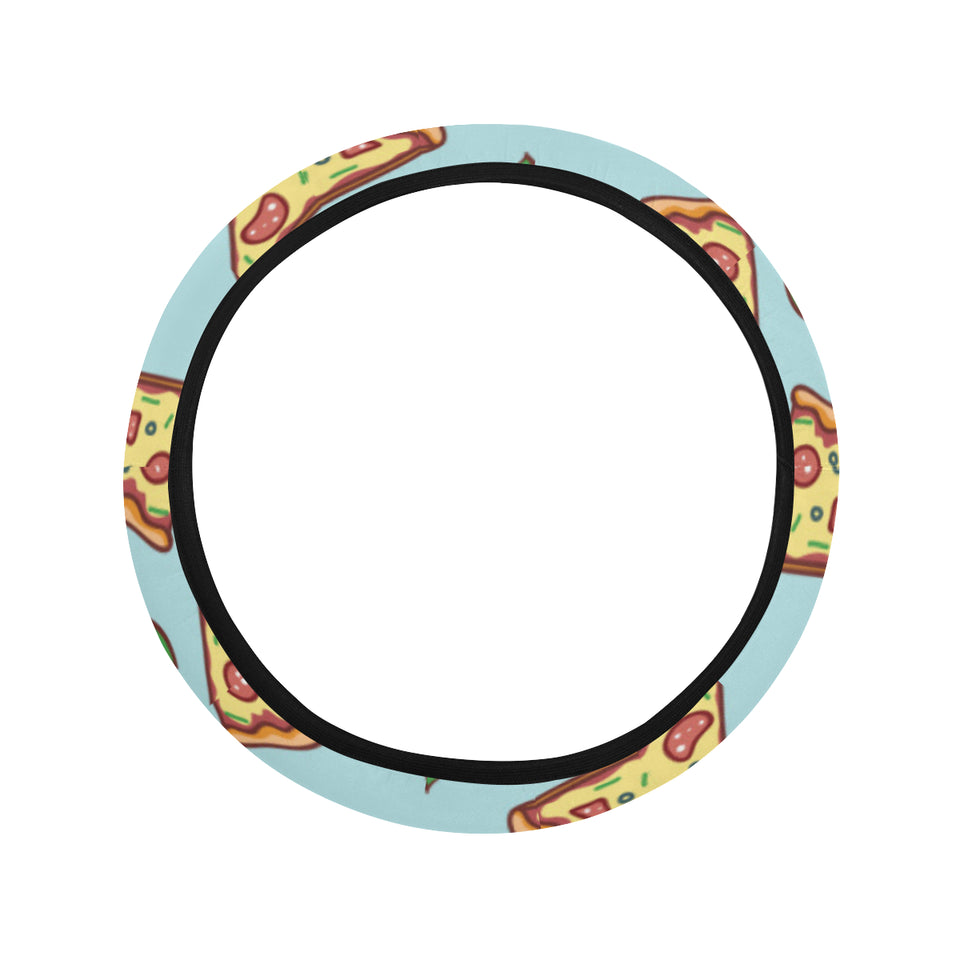 Hand drawn pizza blue background Car Steering Wheel Cover
