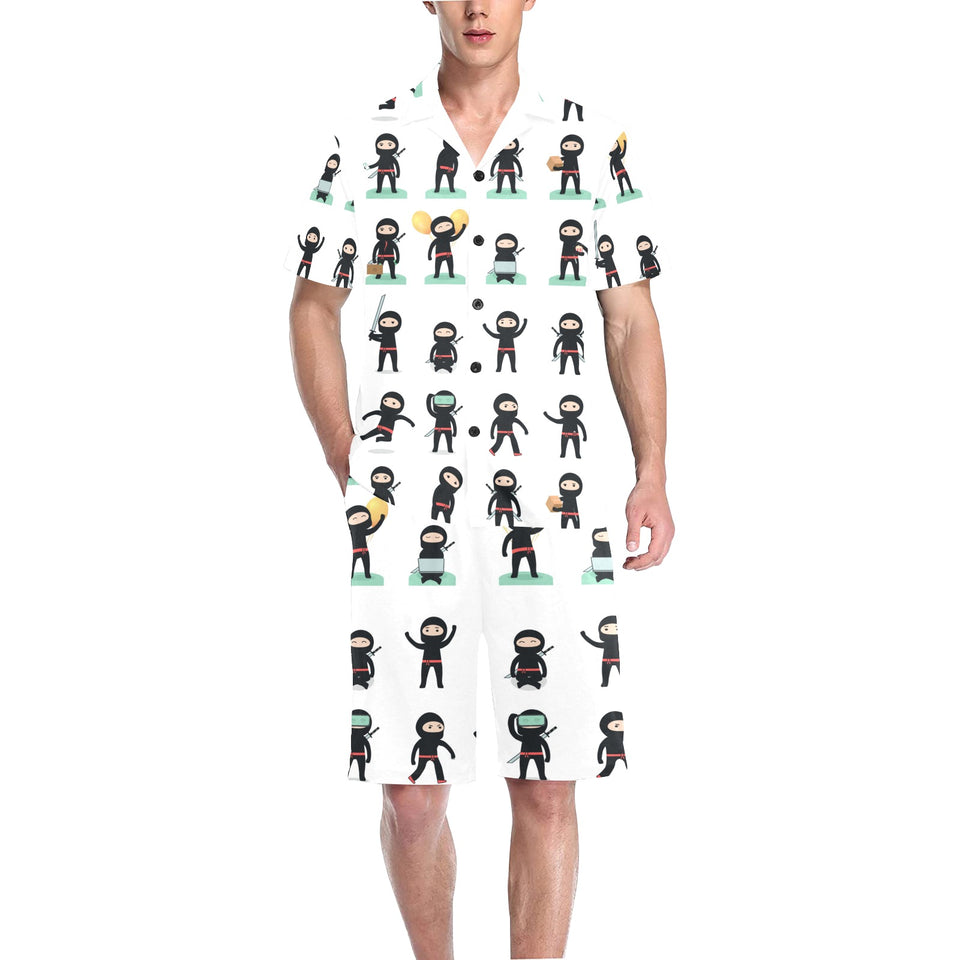 Cute ninja katana sword pattern Men's V-Neck Short Pajama Set