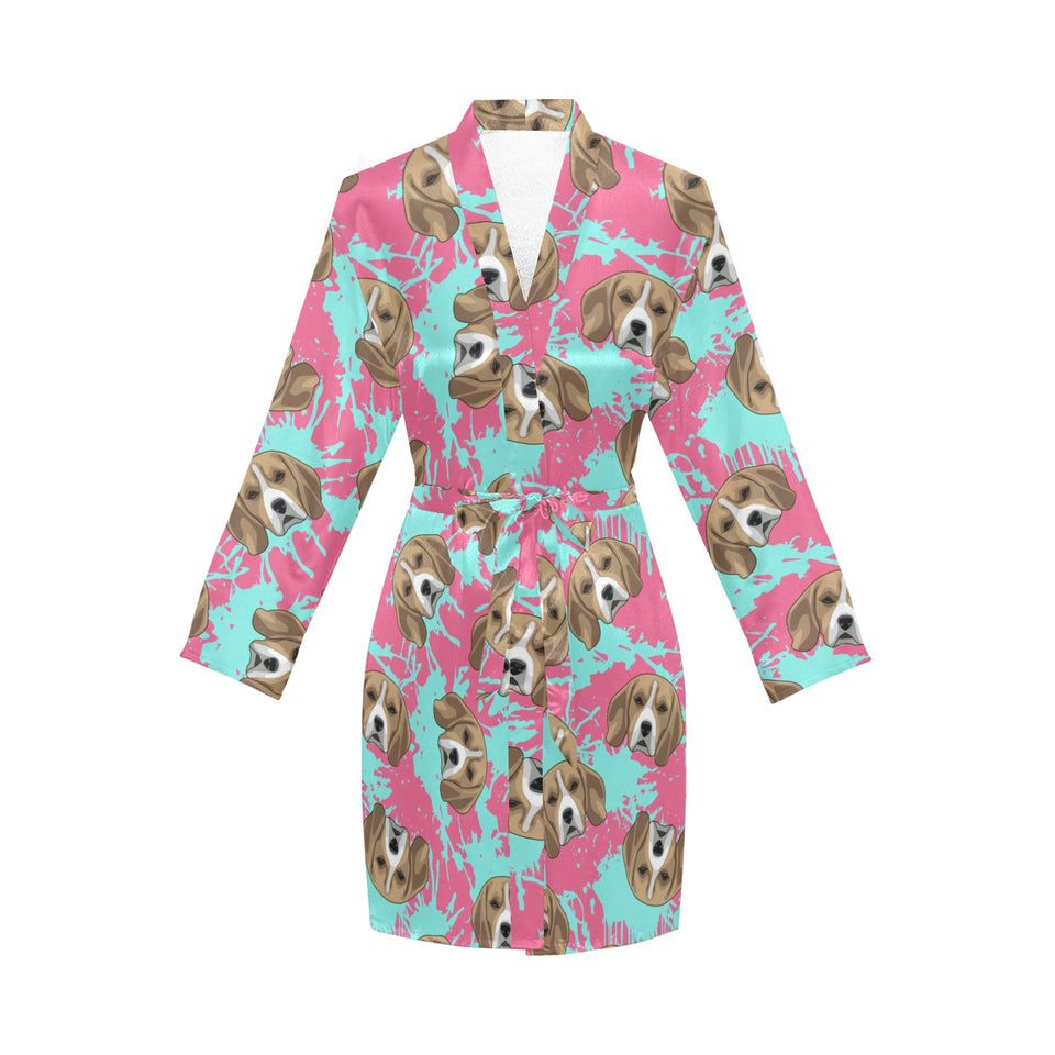 Beagle muzzles turquoise paint splashes pink patte Women's Long Sleeve Belted Night Robe