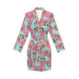 Beagle muzzles turquoise paint splashes pink patte Women's Long Sleeve Belted Night Robe