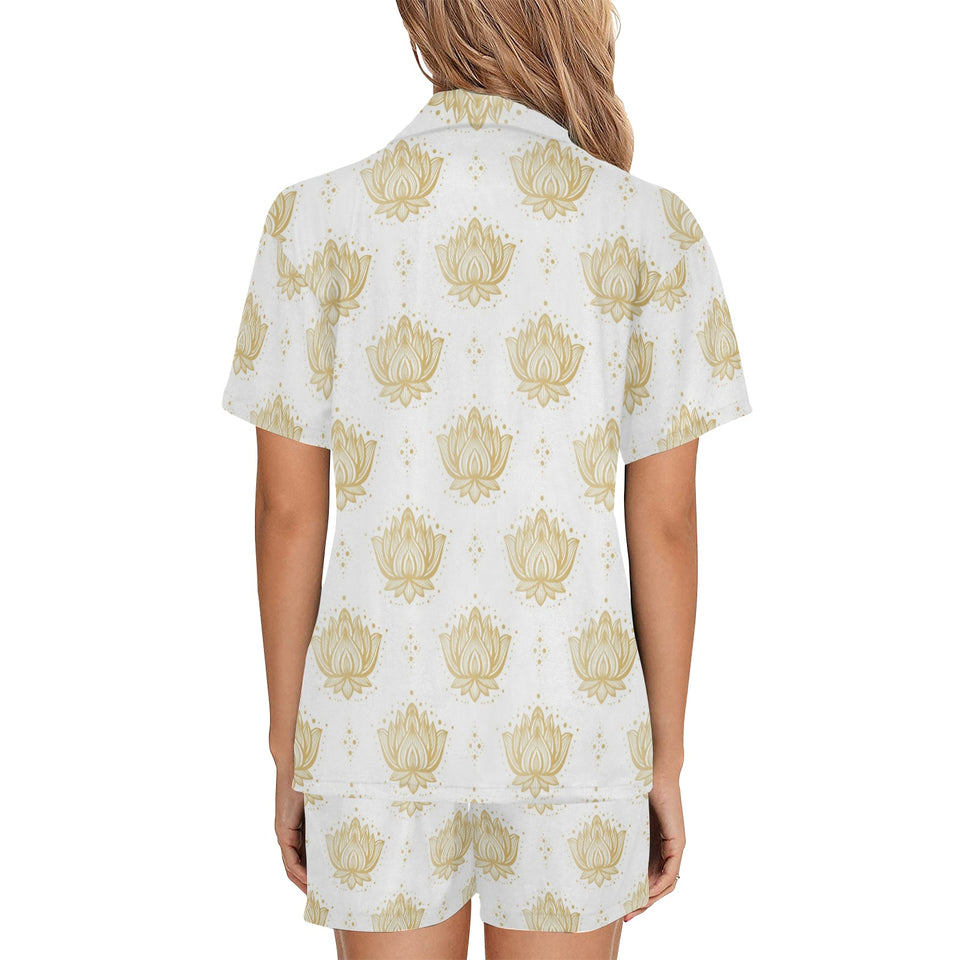 Gold Ornamental lotue waterlily symbol pattern Women's V-Neck Short Pajama Set