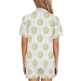 Gold Ornamental lotue waterlily symbol pattern Women's V-Neck Short Pajama Set