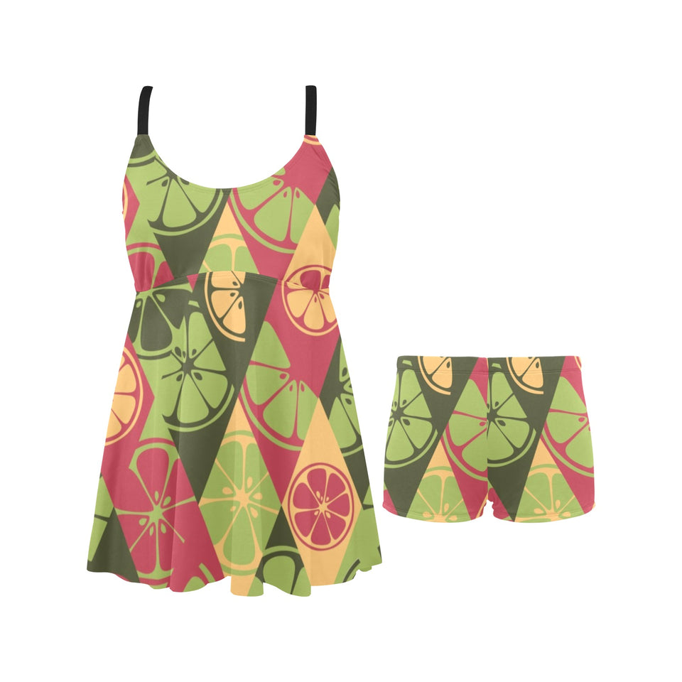 Cool Geometric lime pattern Chest Sexy Pleated Two Piece Swim Dress