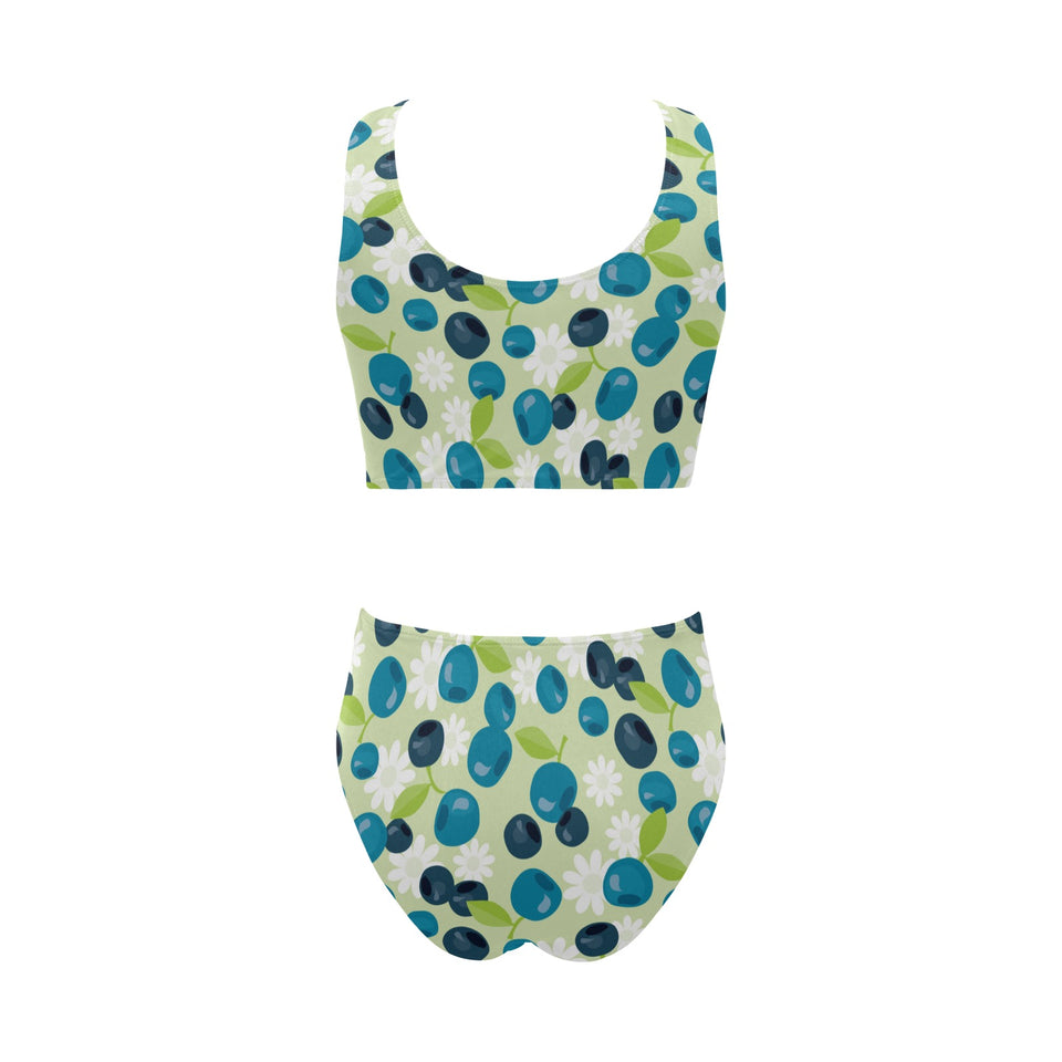 blueberry flower pattern Chest Bowknot High Waisted Bikini Swimsuit