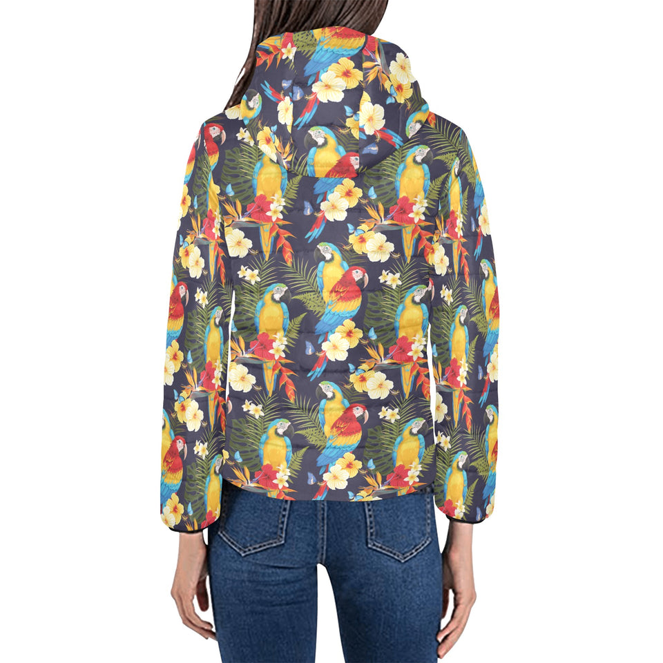 Colorful parrot flower pattern Women's Padded Hooded Jacket