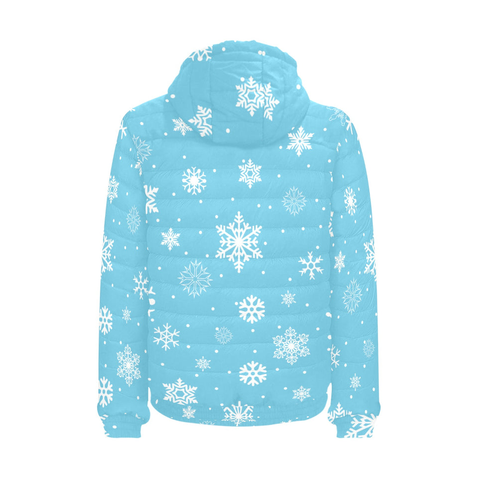 Snowflake pattern blue background Men's Padded Hooded Jacket