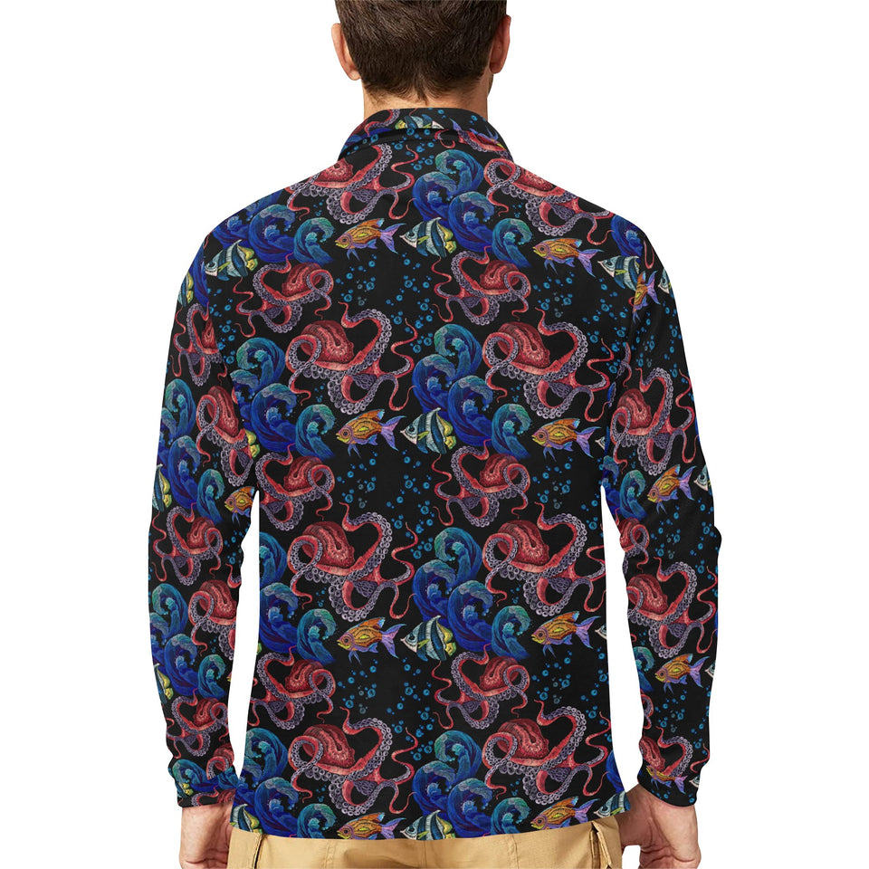 Octopus sea wave tropical fishe pattern Men's Long Sleeve Polo Shirt