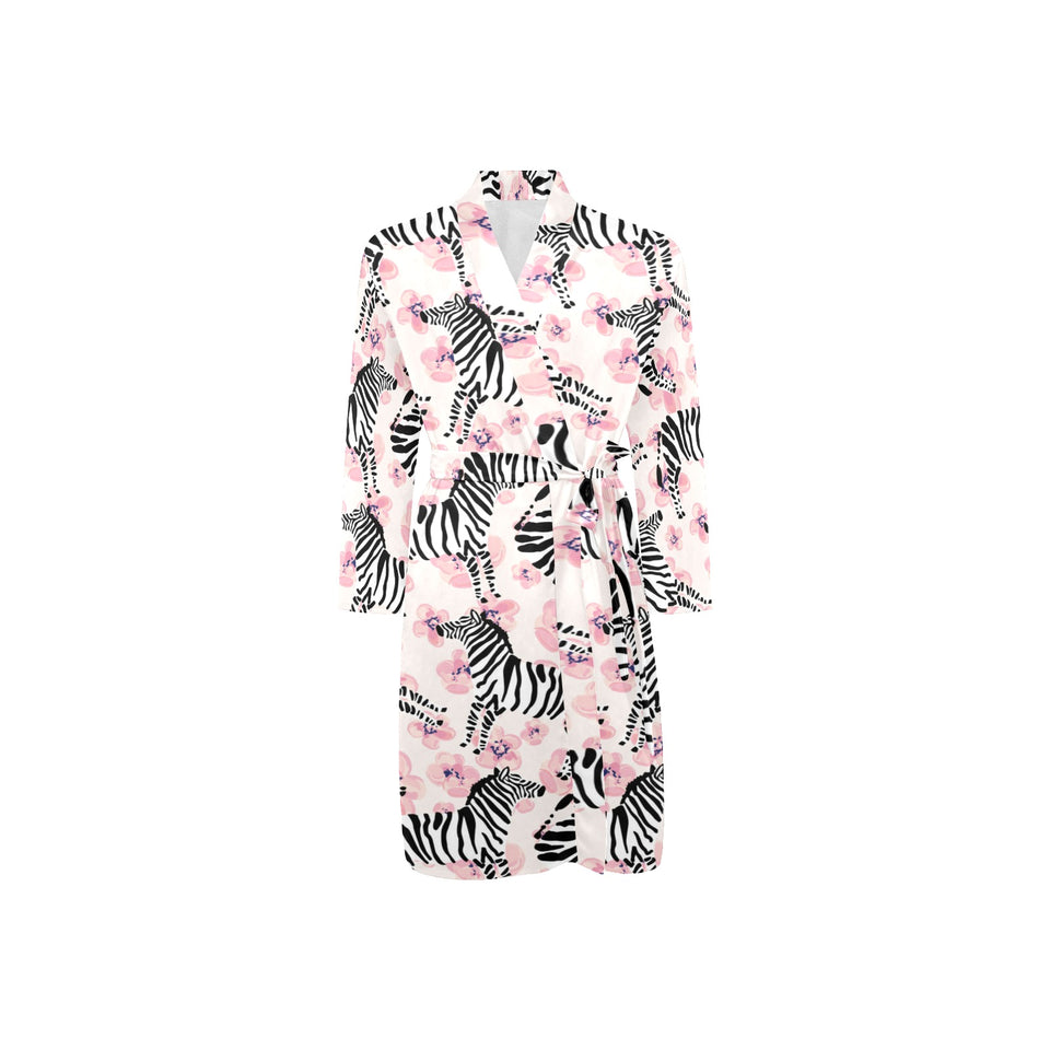 Zebra pink flower background Men's Long Sleeve Belted Night Robe