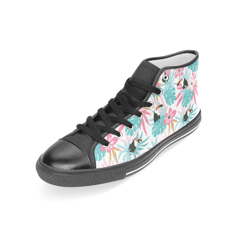 Toucan tropical flower leave pattern Women's High Top Canvas Shoes Black