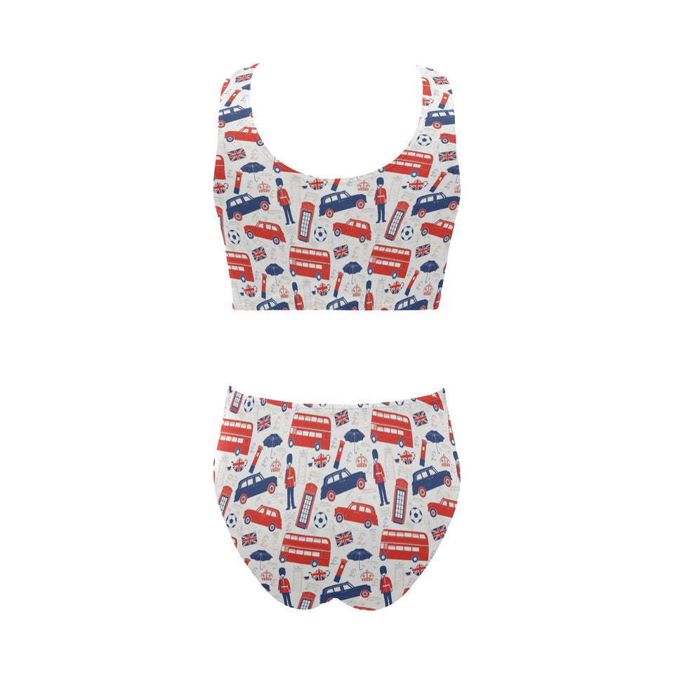British Pattern Print Design 03 Chest Bowknot High Waisted Bikini Swimsuit
