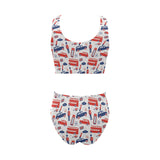 British Pattern Print Design 03 Chest Bowknot High Waisted Bikini Swimsuit