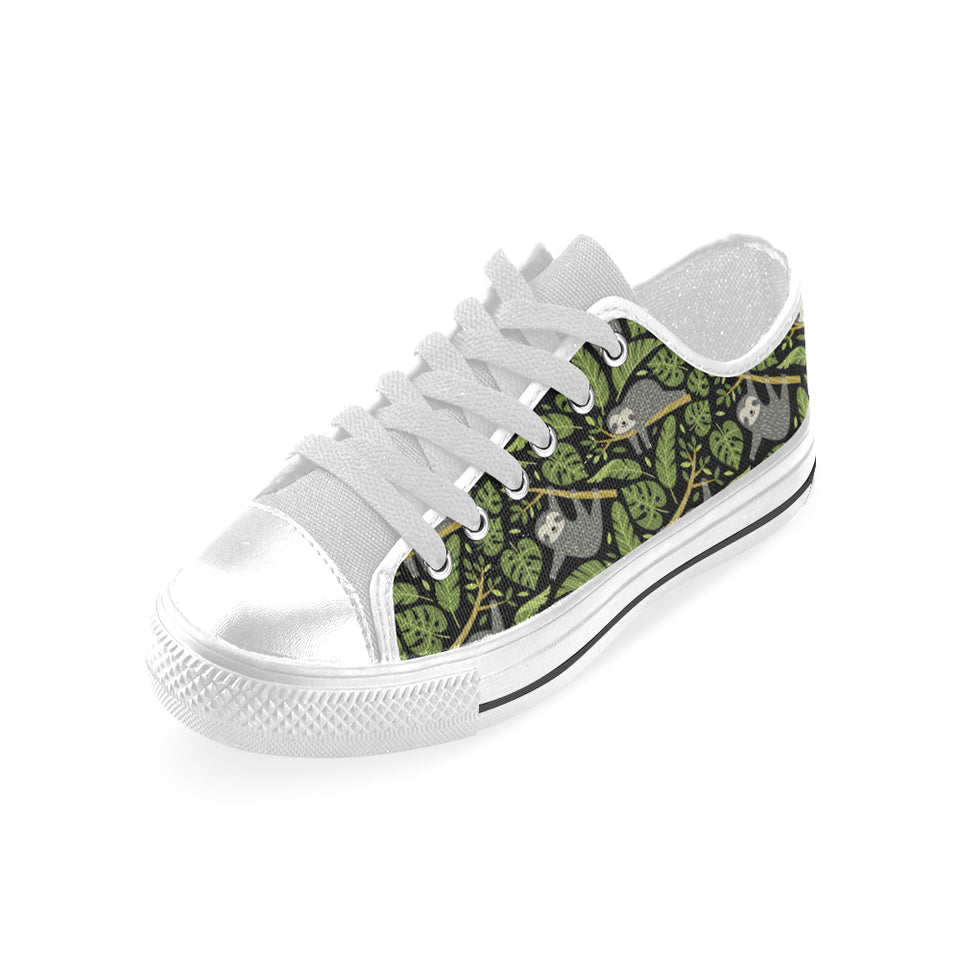 Cute sloths tropical palm leaves black background Men's Low Top Shoes White