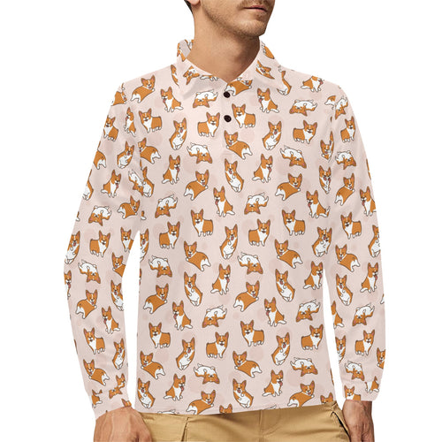 Cute Corgis Pattern pink background Men's Long Sleeve Polo Shirt