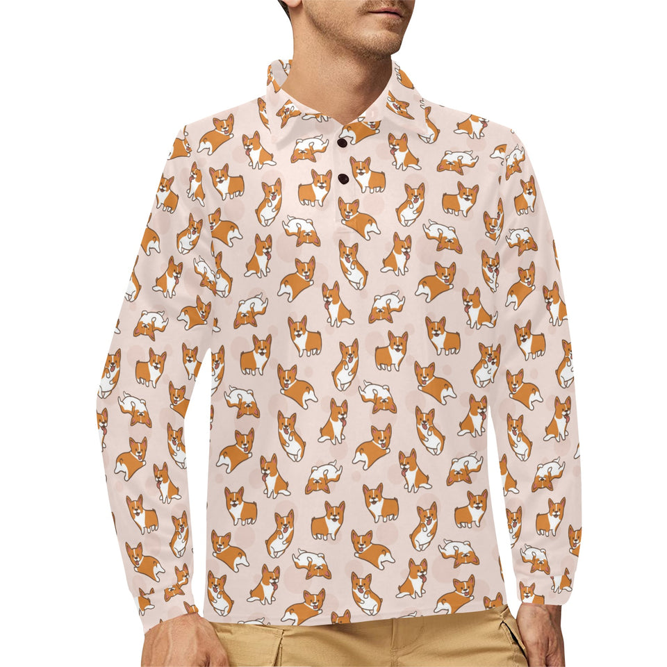 Cute Corgis Pattern pink background Men's Long Sleeve Polo Shirt