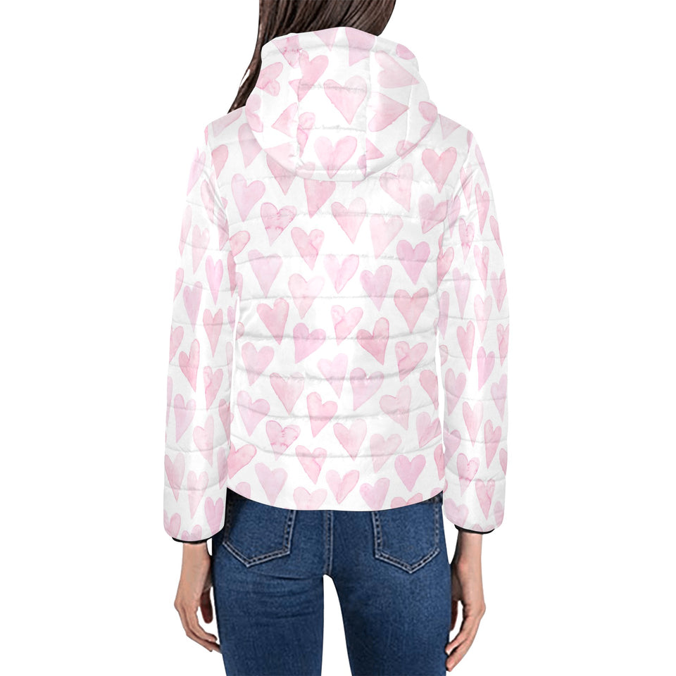 Watercolor pink heart pattern Women's Padded Hooded Jacket
