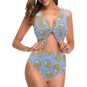 Beer pattern Chest Bowknot High Waisted Bikini Swimsuit